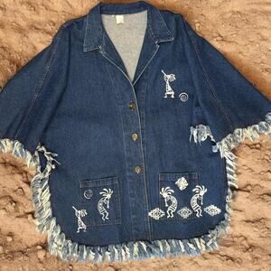 Denim Poncho with distressed fringe